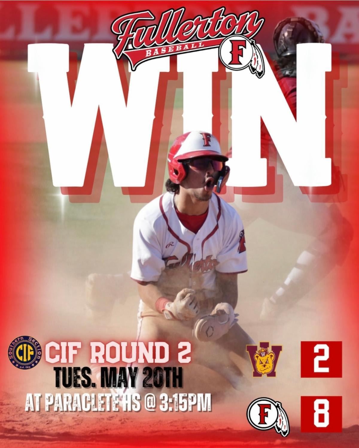 Baseball CIF Round 2 this Tuesday 5/20 at Paraclete HS @ 3:15pm